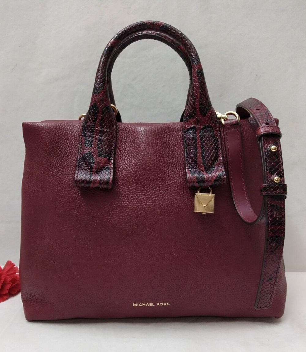 Michael Kors Rollins Cranberry Red Pebbled Leather Snakeskin Derail Satchel Bag